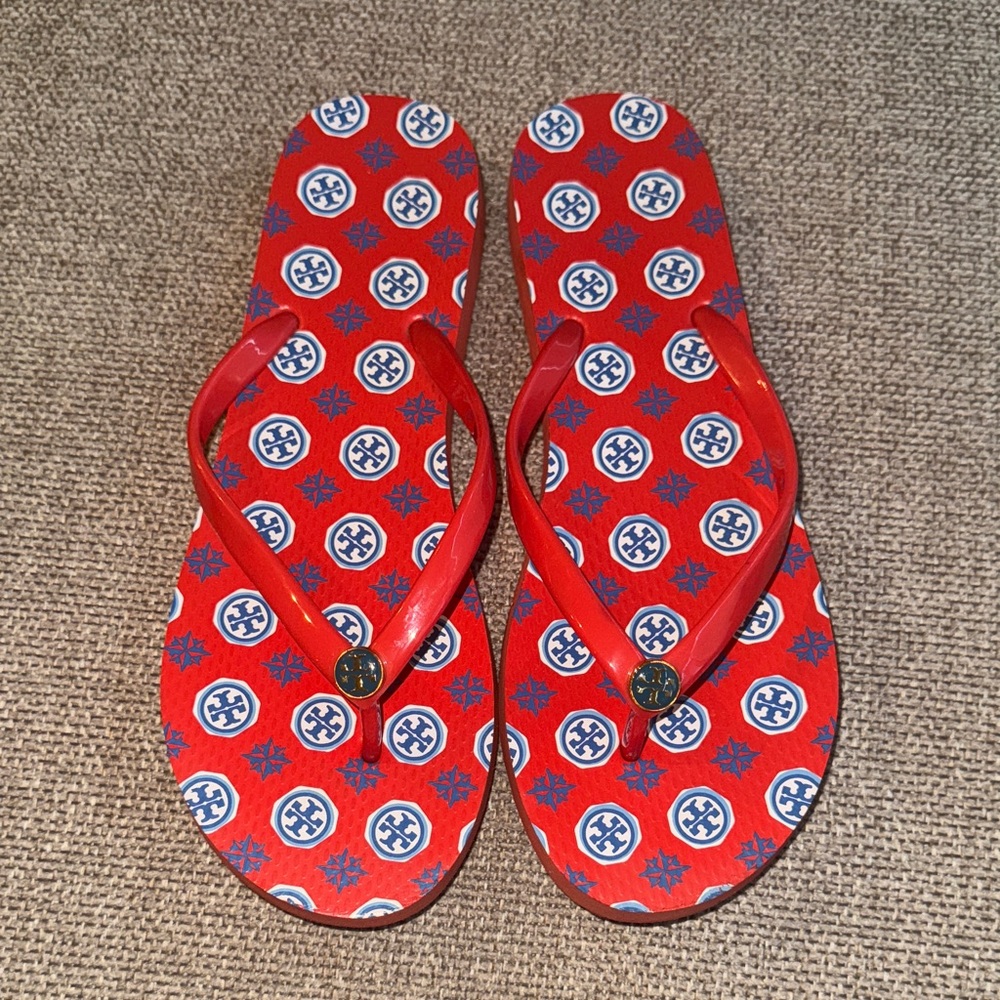 Tory Burch Red and Blue Logo Flip Flops